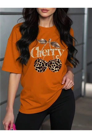 Unisex Leopar Desenlı Vişne Baskılı Tasarım Tshirt