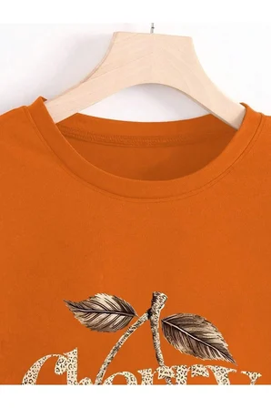 Unisex Leopar Desenlı Vişne Baskılı Tasarım Tshirt