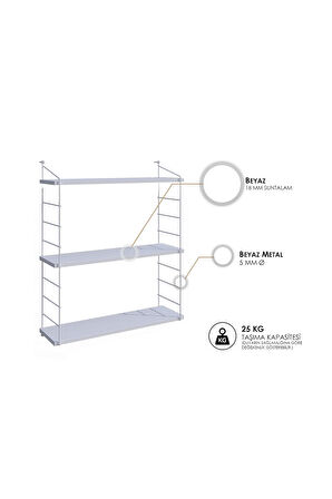 Decormet Armoni Raf Seti 3 Raflı 200*720 Metal Beyaz+Ahşap
