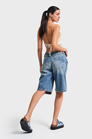 Kadın Tint Kot Rengi Baggy Fit Midi Boy Denim Şort