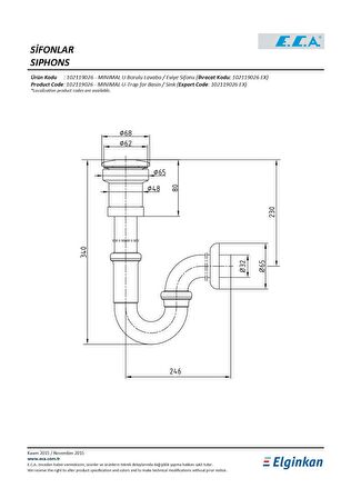E.C.A U Borulu Kapaklı Lavabo Eviye Mutfak Sifonu 102119026