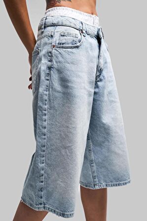 Kadın Snow Kot Rengi Boxer Detaylı Maxi Boy Denim Şort