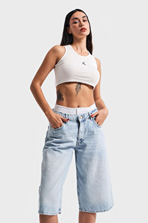 Kadın Snow Kot Rengi Boxer Detaylı Maxi Boy Denim Şort