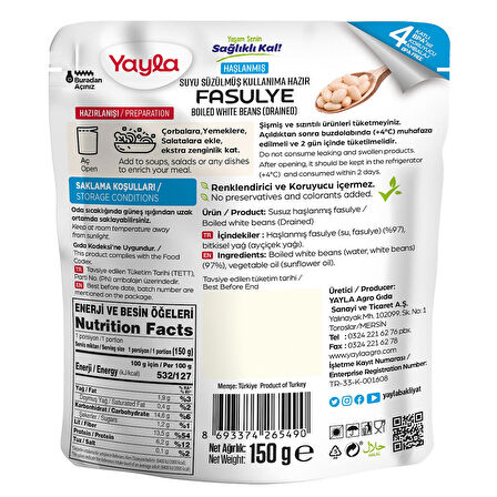 Yayla Suyu Süzülmüş Haşlanmış Fasulye 150 g