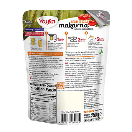 Yayla Yemek Hazır Bolonez Soslu Makarna 250 gr