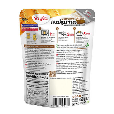 Yayla Yemek Hazır Kremalı Mantar Soslu Makarna 250 gr