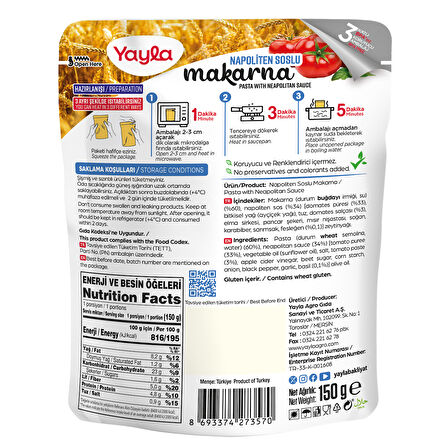 Yayla Yemek Hazır Napoliten Soslu Makarna 150 gr