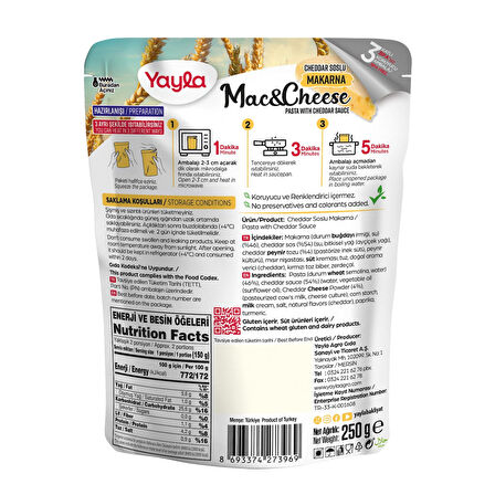 Yayla Yemek Hazır Mac&Cheese Cheddar Soslu Makarna 250 gr