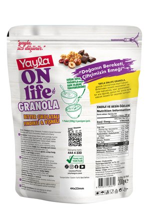 YAYLA ON LİFE GRANOLA BİTTER ÇİKOLATALI FINDIKLI&VİŞNELİ 200 GR