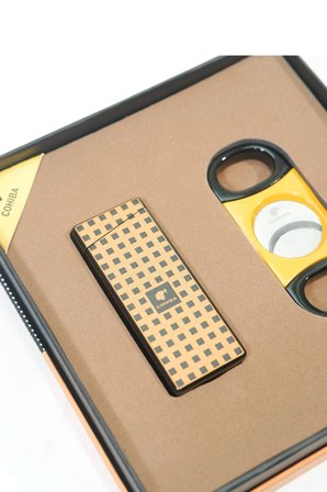 Cohiba Tek Torch Dama Desenli Çakmak Sarı Siyah Kesici İkili Puro Seti TR9843