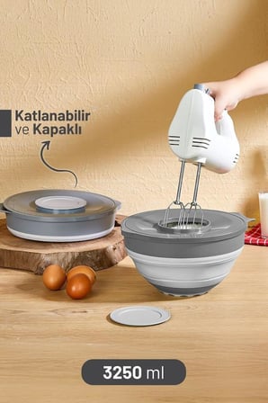 Katlanabilir Akordiyonlu 3250 ml Kapaklı Mikser Kabı - Gri