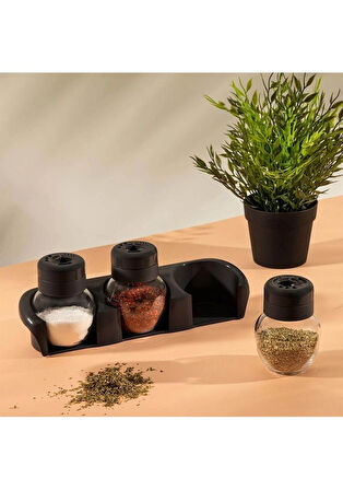 Porsima L-00372 Plastik Standlı 3'lü Baharatlık Takımı Tuzluk Siyah