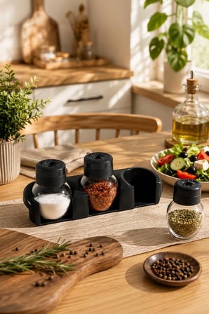 Porsima L-00372 Plastik Standlı 3'lü Baharatlık Takımı Tuzluk Siyah