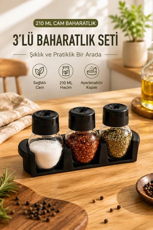 Porsima L-00372 Plastik Standlı 3'lü Baharatlık Takımı Tuzluk Siyah