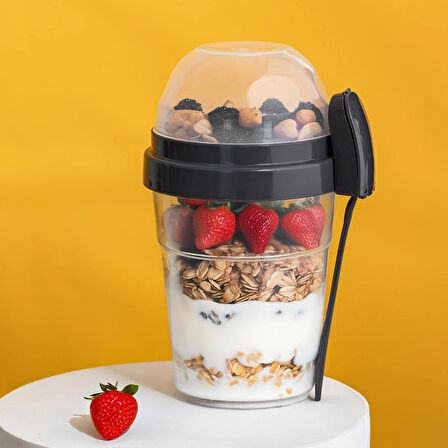 Porsima 4327 Yoğurt Kabı – Pratik Taşınabilir Kaşıklı Atıştırmalık Kabı-Antrasit 650ml+200ml 