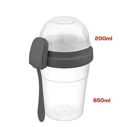 Porsima 4327 Yoğurt Kabı – Pratik Taşınabilir Kaşıklı Atıştırmalık Kabı-Antrasit 650ml+200ml 