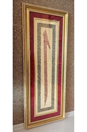 İslami Tablo 52x125 cm Hat Sanatı El Yazması Elif Formunda Ayetel Kürsi,Fatiha,İhlas,Felak,Nas,Nazar,Şifa