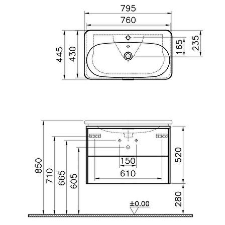 VitrA Nest Trendy Lavabo Dolabı 80 cm 2 Çekmeceli Hareli Doğal Ahşap 56147