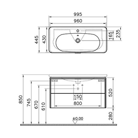 VitrA Nest Trendy Lavabo Dolabı 100 cm 2 Çekmeceli Hareli Doğal Ahşap 56150