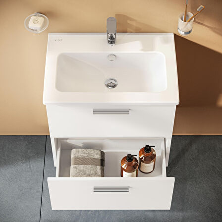 VitrA Mia 75071 Banyo Dolabı Seti Çekmeceli, Ayaklı, 60 cm, Parlak Beyaz