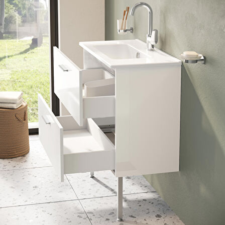 VitrA Mia 75075 Banyo Dolabı Seti Çekmeceli, Ayaklı, 80 cm, Parlak Beyaz