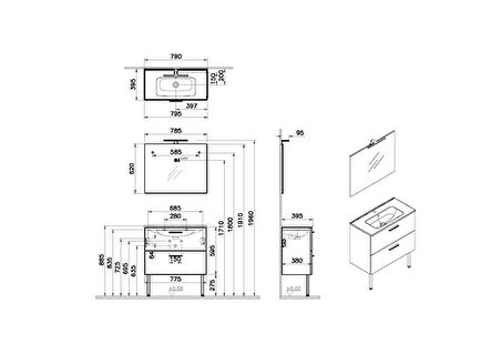 VitrA Mia 75077 Banyo Dolabı Seti Çekmeceli, Ayaklı, 80 cm, Antrasit