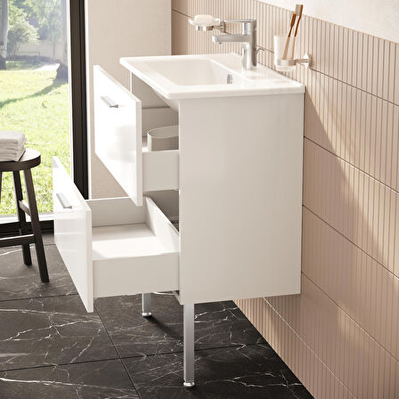 VitrA  Mia 66100 Banyo Dolabı Seti Çekmeceli, Ayaklı, 70 cm, Parlak Beyaz