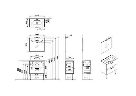 VitrA Mİa 66101 Banyo Dolabı Seti Çekmeceli, Ayaklı, 70 cm, Cordoba