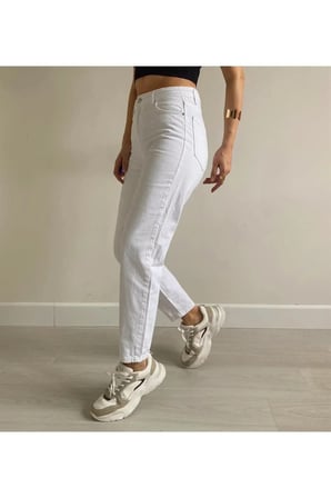 Beyaz Mom Likralı Kadın Jean Kot Pantolon-1