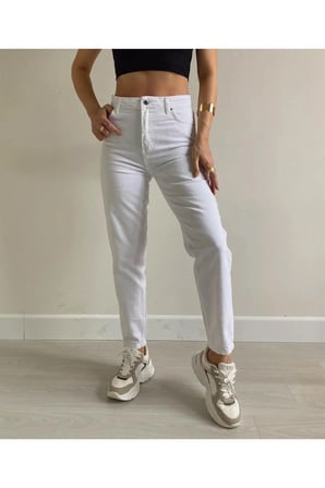 Beyaz Mom Likralı Kadın Jean Kot Pantolon-1