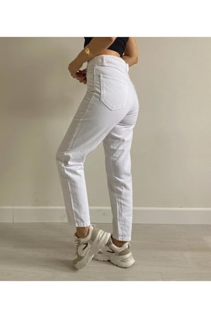 Beyaz Mom Likralı Kadın Jean Kot Pantolon-1