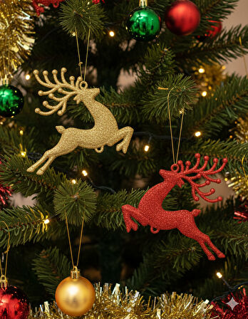 8 cm 2'li Kırmızı–Gold Simli Geyik Model Yılbaşı Ağaç Süsü – Dekoratif Set