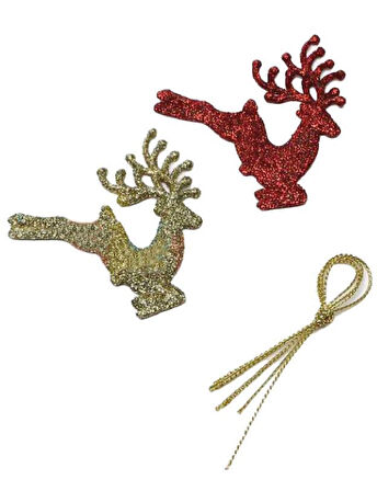 8 cm 2'li Kırmızı–Gold Simli Geyik Model Yılbaşı Ağaç Süsü – Dekoratif Set