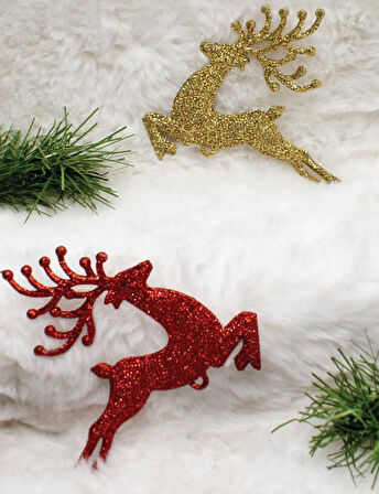8 cm 2'li Kırmızı–Gold Simli Geyik Model Yılbaşı Ağaç Süsü – Dekoratif Set