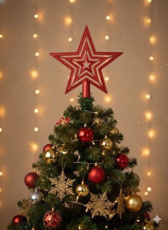 Yılbaşı Ağaç Tepelik 18cm Kırmızı  İç içe Simli Yıldızlar