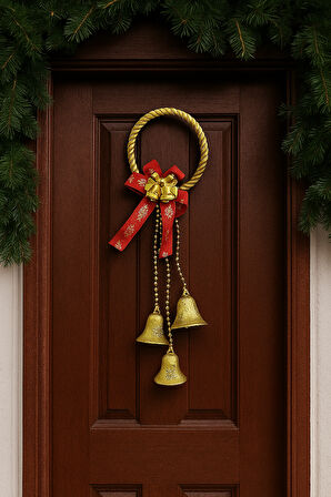 30 cm Halkalı Mini Kırmızı Fiyonklu Yılbaşı Kapı Süsü – Asmalı Dekor