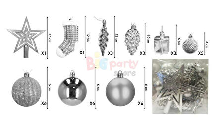 Yılbaşı Top Süs Figür Tepelikli Ağaç Set Gümüş 34P