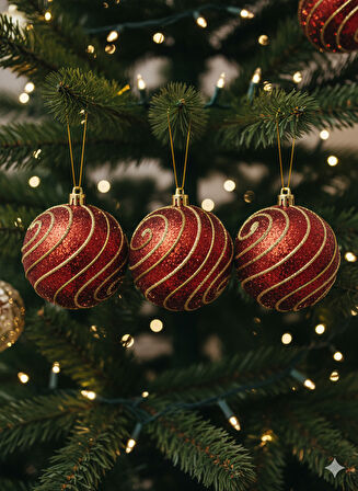 3 Adet Yılbaşı Ağacı Top Süsü (8 cm) - Kırmızı Simli ve Altın Çizgili Lüks Ağaç Dekorasyonu Seti (PVC Kutulu)