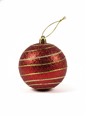 3 Adet Yılbaşı Ağacı Top Süsü (8 cm) - Kırmızı Simli ve Altın Çizgili Lüks Ağaç Dekorasyonu Seti (PVC Kutulu)