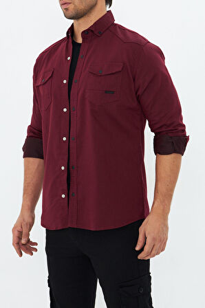 Erkek Bordo Slim Fit Dar Kalıp Çift Cepli Pamuklu Kot Gömlek