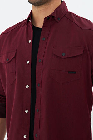 Erkek Bordo Slim Fit Dar Kalıp Çift Cepli Pamuklu Kot Gömlek