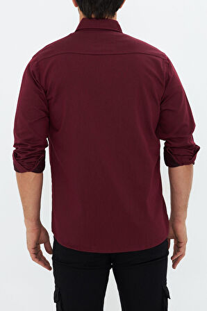 Erkek Bordo Slim Fit Dar Kalıp Çift Cepli Pamuklu Kot Gömlek