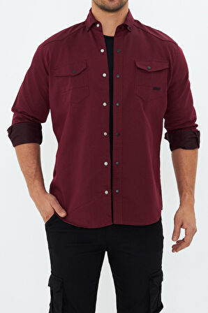 Erkek Bordo Slim Fit Dar Kalıp Çift Cepli Pamuklu Kot Gömlek