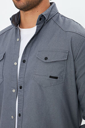 Erkek Gri Slim Fit Dar Kalıp Çift Cepli Pamuklu Kot Gömlek
