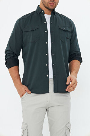 Erkek Neft Slim Fit Dar Kalıp Çift Cepli Pamuklu Kot Gömlek