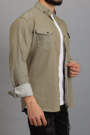 Erkek Açık Haki Slim Fit Dar Kalıp Çift Cepli Pamuklu Kot Gömlek