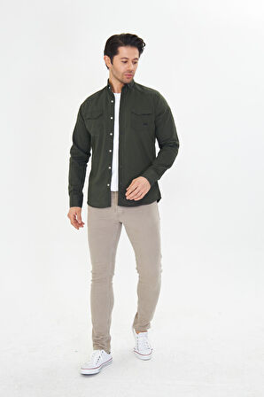 Erkek Haki Slim Fit Dar Kalıp Çift Cepli Pamuklu Kot Gömlek