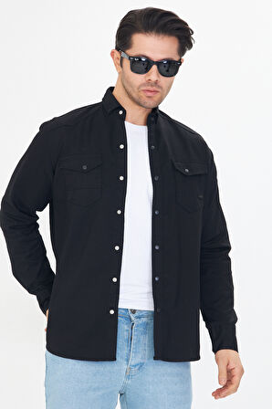 Erkek Siyah Slim Fit Dar Kalıp Çift Cepli Pamuklu Kot Gömlek