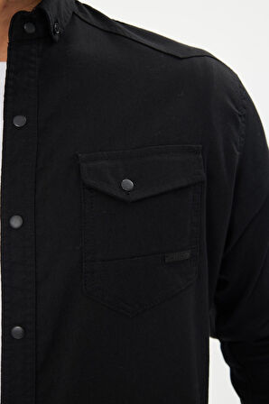 Erkek Siyah Slim Fit Dar Kalıp Çift Cepli Pamuklu Kot Gömlek