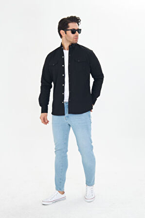 Erkek Siyah Slim Fit Dar Kalıp Çift Cepli Pamuklu Kot Gömlek